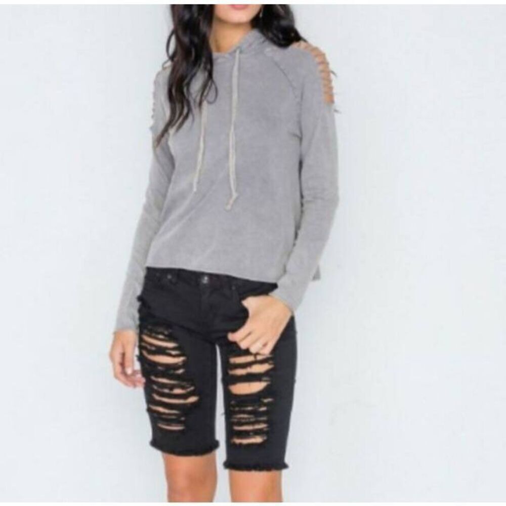 GILDED INTENT Grey Stonewash Laser Cut Shoulders Sweater. NWT Sz.M